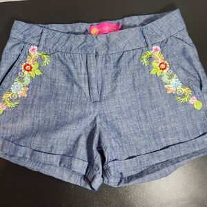 Macbeth Collection Flower Embroidered 100% Cotton High Rise Shorts Blue Sz XS